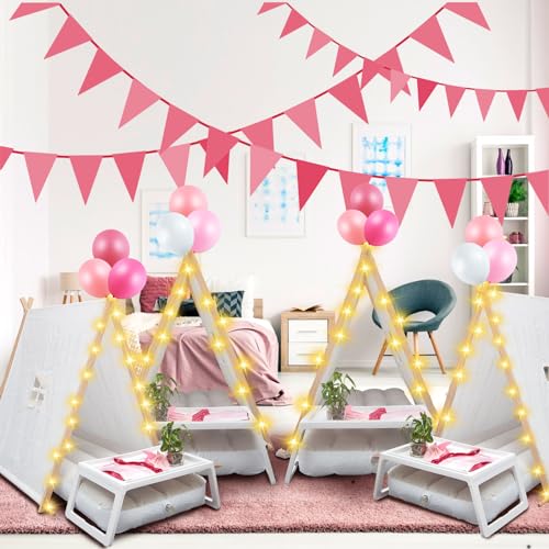 Windyun 6 Sets Kids Teepee Tent with Lights, Inflatable Airbed Teepee Tent for Kids Cotton Toddler Tent Kids Play Tent Washable Foldable Tent for Indoor Outdoor Boys and Girls Play Tent