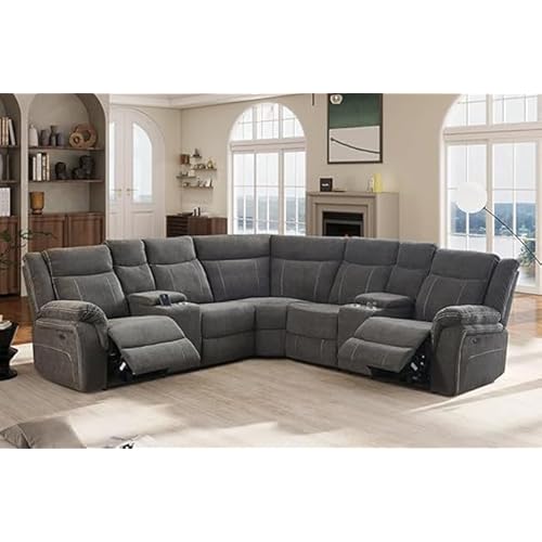 Power Reclining Sofa with Fabric Upholstery, 2 Consoles, USB Port and Cup Holders, Sectional Reclining Couch for Living Room