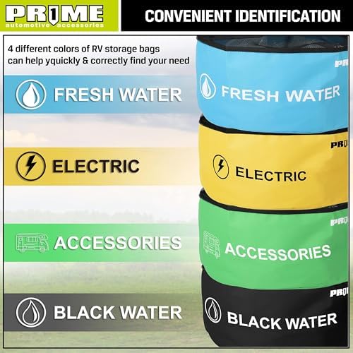 PR1ME 4 Pack Waterproof RV Hose Bag Storage, Utility Bag for Sewer Hose, Camper and RV Accessories, 4 Colors for Sewer and Fresh Water Hoses, Electrical Cords, Camper Tools Accessories - 1
