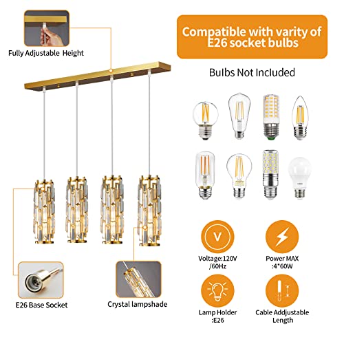 Image of LMQNINE 4 Light Gold Pendant Lighting Modern Pendant Light, Mini Crystal Chandeliers,Adjustable Pendant Light Fixture for Kitchen Island Dinning Room Bedroom(Gold 4-Light)