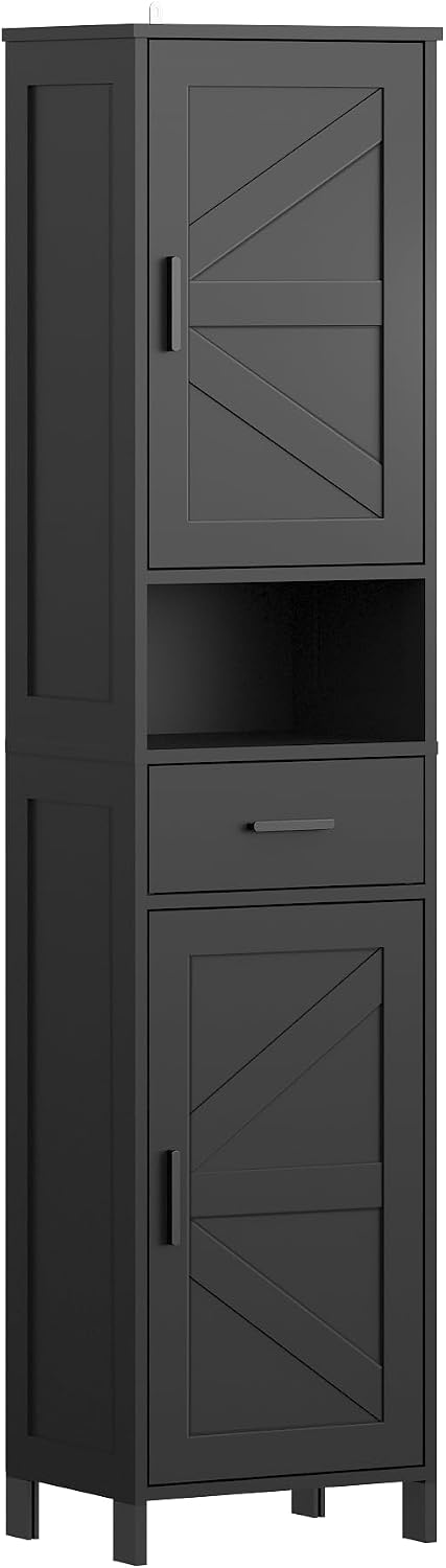 2 Door 1 Drawer Tall Storage Cabinet, Modern Farmhouse Bathroom Storage Cabinet with Adjustable Shelves, Kitchen Pantry Storage for Living Room,Kitchen and Hallway (Black)
