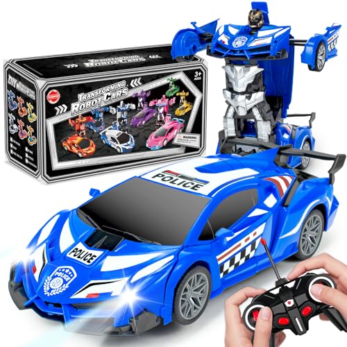 Coche de policía a control remoto para niños de 4 a 7, a escala 1:18, coche robot RC 2 en 1, juguete de coche robot de carreras a control remoto, deformación de un botón y deriva de 360°, coche RC