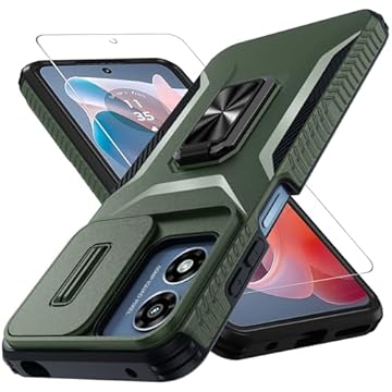 CASEJEEN Capa para Motorola Moto G Play 2024 com protetor de tela de vidro temperado e capa de lente de câmera, suporte estável de anel giratório, capa protetora resistente à prova de choque para