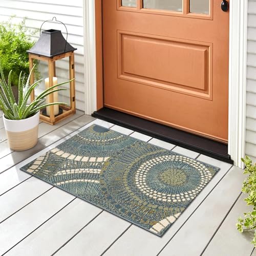 Liora Manne Esencia Machine Washable Non-Slip Low Profile Indoor/Outdoor Mat-Contemporary, Abstract, Geometric, Tile, Circles Azure 2' x 2'10"