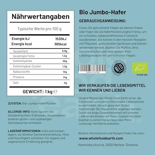 Wholefood Earth Bio-Jumbo-Haferflocken – 1 kg | Vegan | Gentechnikfrei | Ballaststoffreich | Bio-zertifiziert