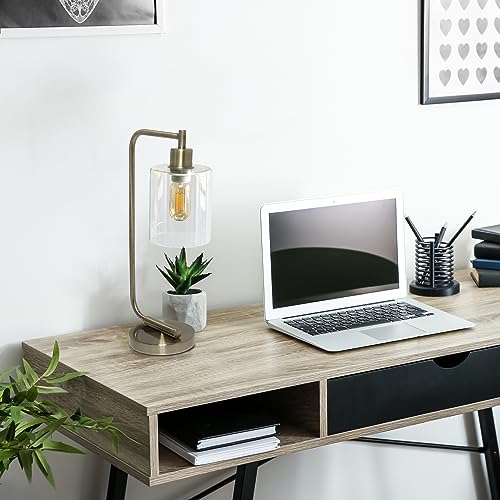 Simple Designs LD1036-ABS 18.8 Inch Industrial Vintage Bronson Antique Style Industrial Iron Lantern Desk Table Lamp With Glass Cylinder Shade For Home Décor, Office, Living Room, Bedroom, Antique Brass thumb #4