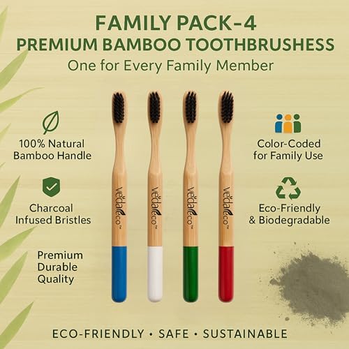 Image of Bamboo toothbrush for adults VEDAeco Wooden Tooth Brushes - Pack of 4