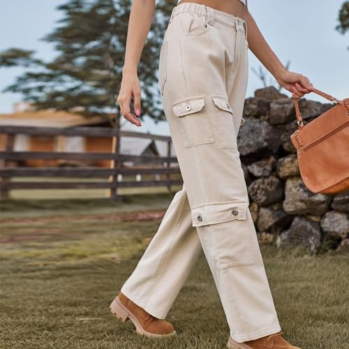 Women's Cargo Jeans Baggy Wide Leg Combat Military Trousers High Waisted Denim Pants Trendy Stretchy Tactical Pants Hiking Pants Beige XL3
