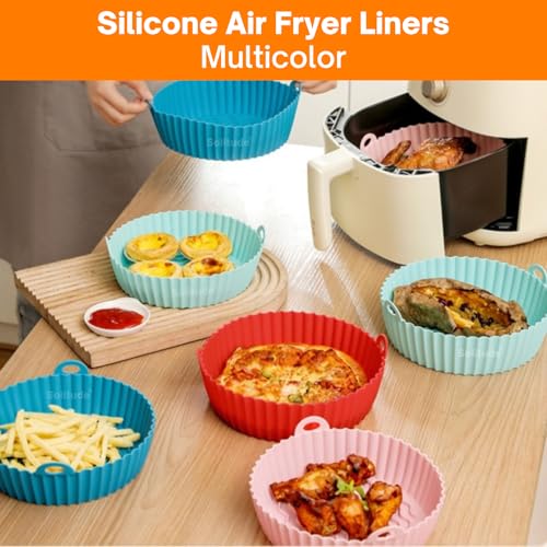 Image of Solitude 2 Pcs Air Fryer Liners I Round Silicone Basket Baking Tray I Pot with Ear Handles I Nonstick Reusable Heat Resistant I Cooking Oven Insert Accessories - Multicolor (8 Inch)