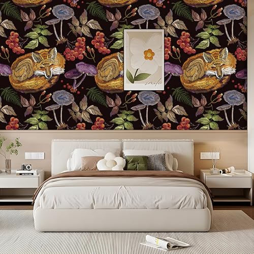 Animals Wallpaper Peel and Stick Self Adhesive Dark Black Watercolor Vivid Botanical fox Fruit Mushroom Cherry Leaf Contact Paper Removable Waterproof for Bedroom Renter friendly 17.71"x236.2" — view 6