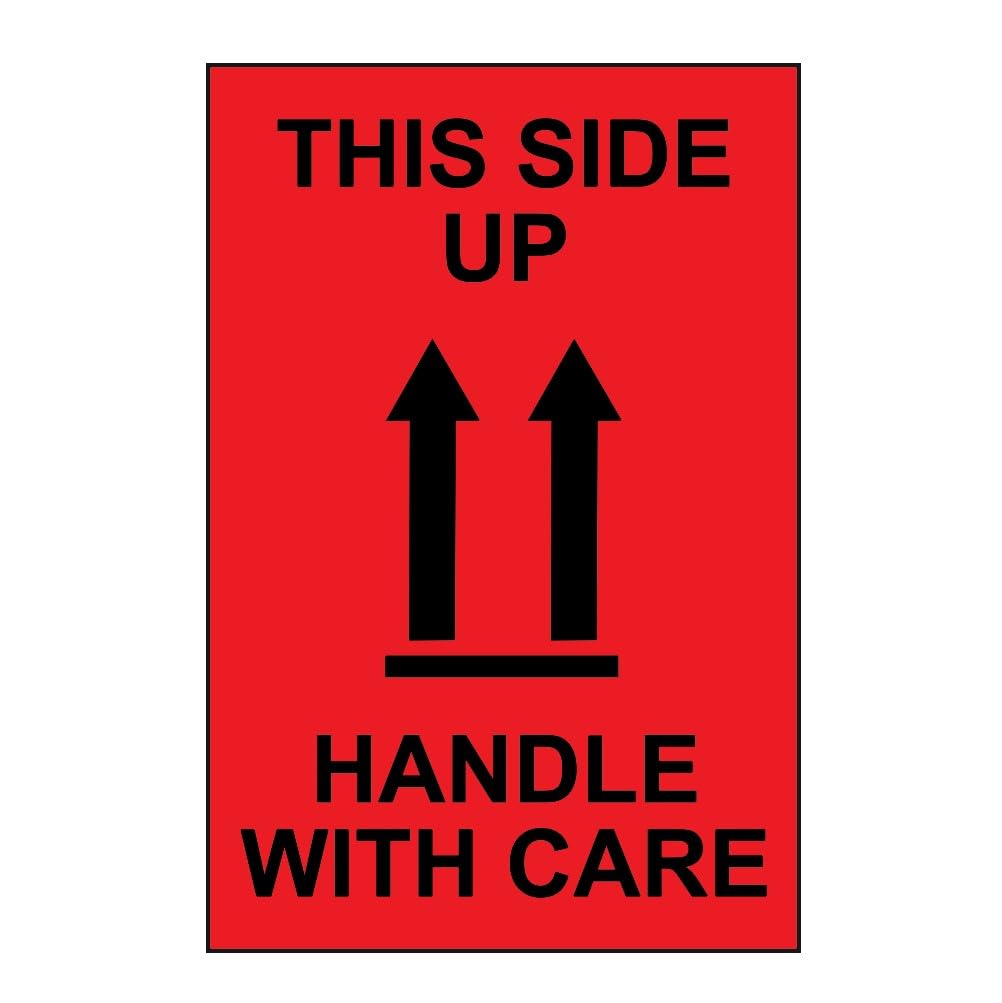 Centurion Red/Black This Side Up Handle With Care Labels - Roll Of 1000 | Self Adhesive Warning Stickers | 100Mm X 150Mm | Ideal For Shipping, Packaging & Fragile Goods
