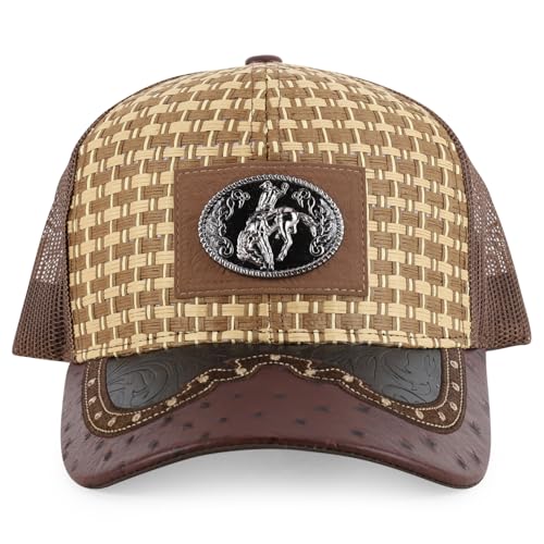 Image of Straw Design Metallic Rodeo Cowboy Horse Metal Logo Trucker Mesh Baseball Cap