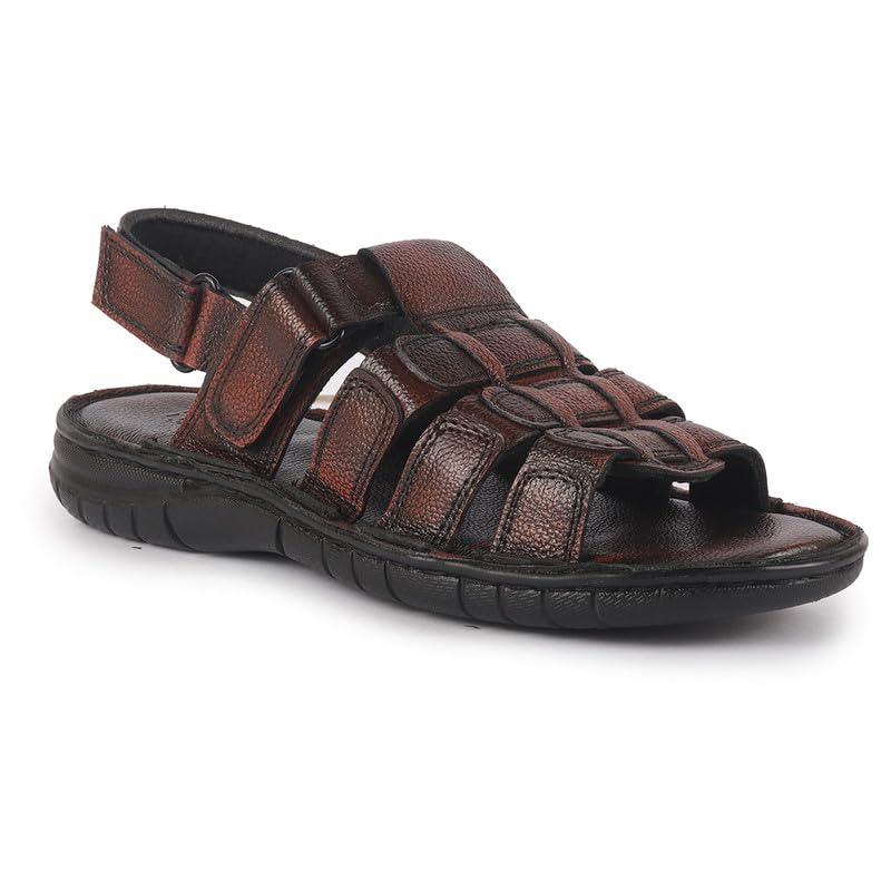 Image of FAUSTO Men Genuine Leather Multi Strap Open Toe Broad Feet Roman Sandals with Adjustable Back Strap | Slip Resistant Lightweight Sole