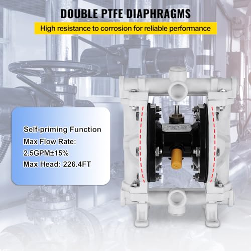 Image of VEVOR Air-Operated Double Diaphragm Pump, 1 /2 in Inlet & Outlet, Polypropylene Body, 13.2 GPM & Max 120PSI, PTFE Diaphragm Pneumatic Transfer Pump for Petroleum, Diesel, Oil & Low Viscosity Fluids