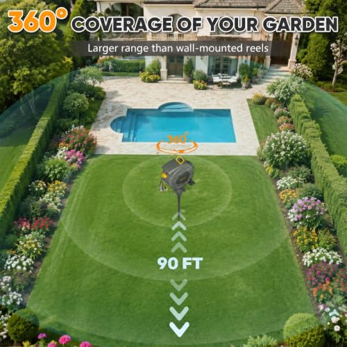 Image of SILVEL Automatic Retractable Garden Hose Reel on Metal Spike, 1 /2 in x 90FT Ground Mounted Outside, UV Resistant with 10 Pattern Nozzle, 360 Swivel, No Holes in Your House, Easy Installation, Yellow