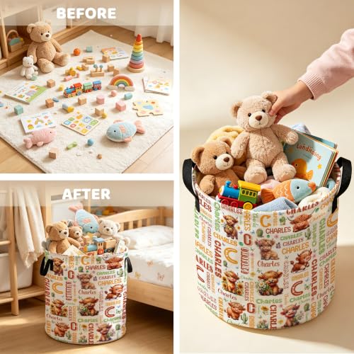 Image of Custom Highland Cow Laundry Hamper, Personalized Laundry Basket with Name, Customized Dirty Clothes Basket for Clothes Toy Bathroom Bedroom Storage,S-16.5 inchX 13.8 inch