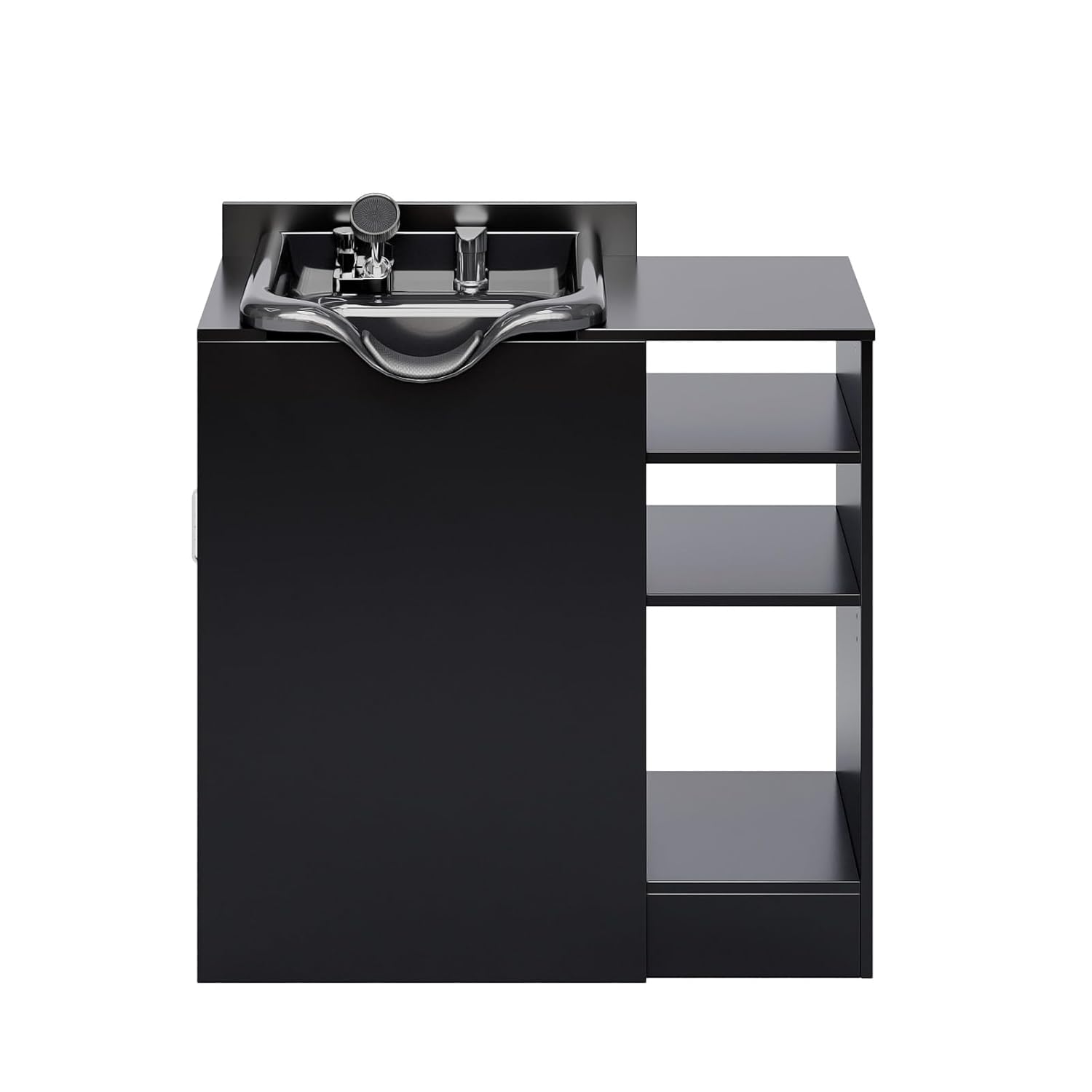 OmySalon Salon Station, Shampoo Bowl with Cabinet, Freestanding Backwash Sink with Adjustable Shelf, UPC Certified Faucet, for Spa Beauty, Barber, Home, Black