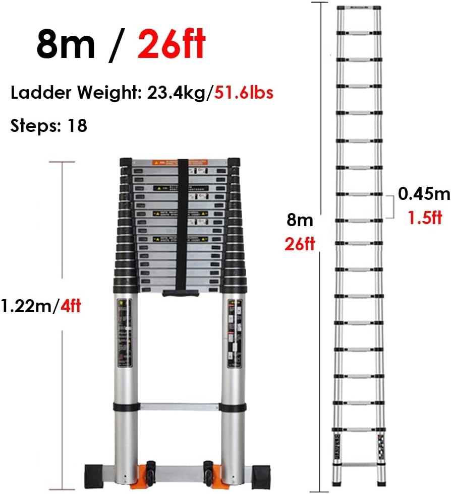 Telescopic Ladder Telescopic Ladders Multi-Purpose Extendable Ladder Telescopic Ladder 5m/6m/7m/8m Tall Telescoping Ladder with Stabiliser Bar, Aluminum Telescopic Extension Ladder for Roofi