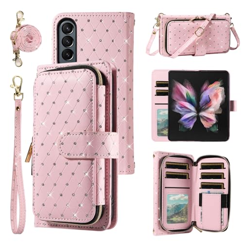 Asuwish Phone Cover for Samsung Galaxy Z Fold 3 5G 2021 Wallet Case Cell Zipper with Crossbody Lanyard Strap Bling Glitter Flip Card Holder Slot ZFold3 Z3 Fold3 ZFold 3Z ZFold35G Women Girls Pink