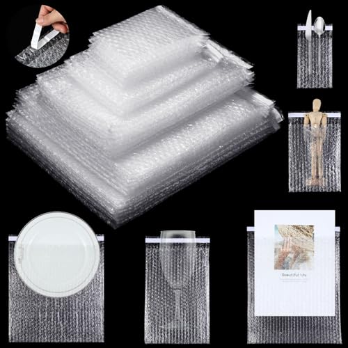 Sayglossy 100 Pcs 5 Sizes Clear Bubble Bags Self Sealing Bubble Cushioned Pouches Double Walled Shockproof Bubble Clear Cushioning Wrap Bags for Packing Moving Shipping and Storage