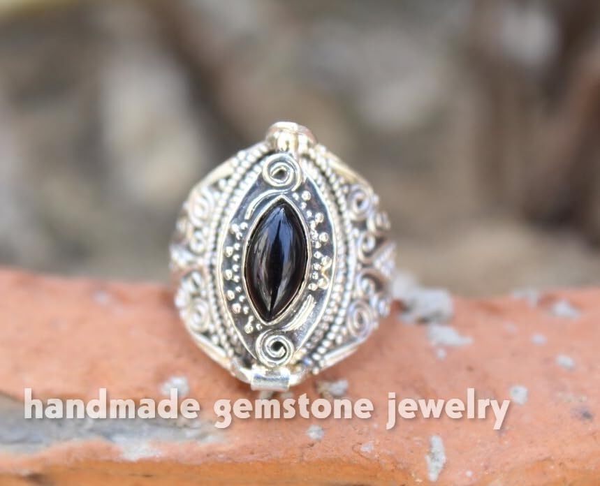 Vintage Black Onyx Marquise Box Ring - Secret Locket Designer Healing Crystal Poison Pill Box Ring, Natural Stone Jewelry for Women, Unique Engagement or Statement Piece,
