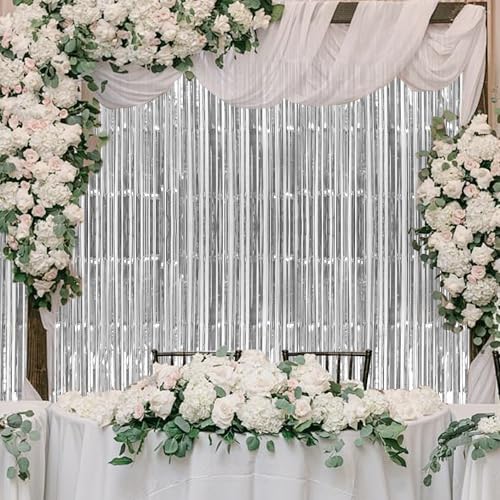 RUGLAMZHIP 6 Stück Lametta Vorhang Silber, 1m x 2m Glitzervorhang Lametta Vorhänge, Glitzer Folien Fransen Metallische Fringe Vorhänge für Deko Geburtstag Deko Hochzeit Party Disco(Silber)