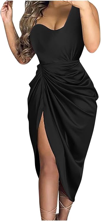 Womens Dresses Summer Evening Dress Sexy Slim Asymmetrical Shoulder Sleeveless Smocked Split Hem Irregular Club Dress