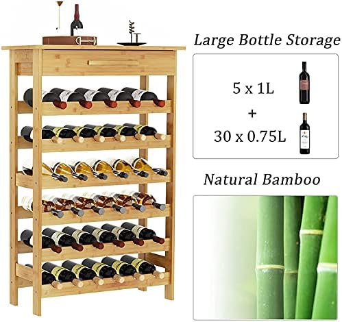 Dripex Bamboo Wine Rack with Drawer, 6-Tier 35 Bottles Free Standing Floor Wine Holder Storage Display Shelves for Home, Kitchen, Bar, Wine Cellar, Basement