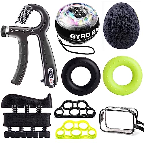 Fortalecedor de mano 8 Pack,Entrenador de dedos,Bola giroscópica,Bola antiestrés,Entrenador de agarre,Estirador de dedos,Fitness de manos y entrenamiento de fuerza