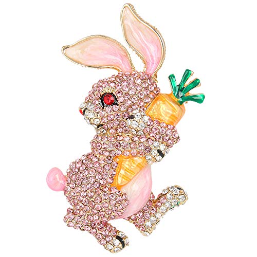 EVER FAITH Austrian Crystal Enamel Adorable Rabbit with Carrot Brooch Pendant Pink Gold-Tone