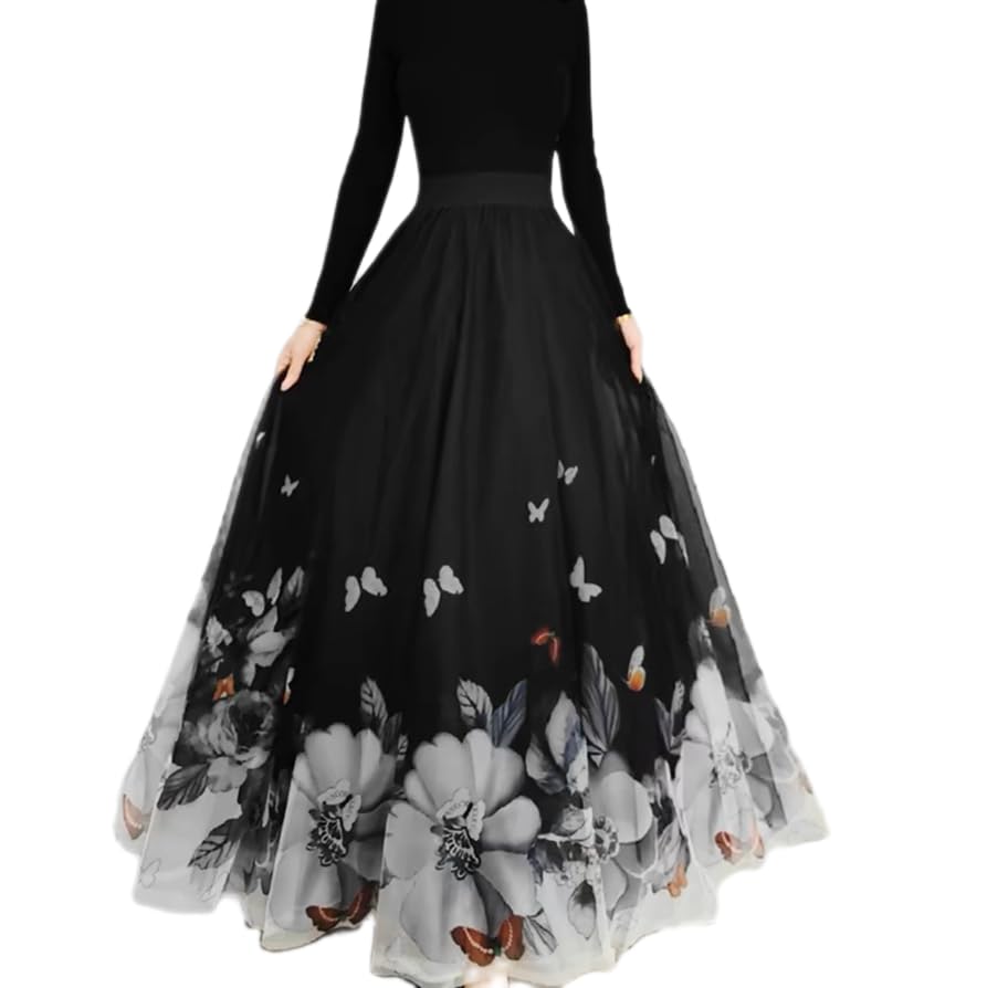 FEORJGP Womens Double-Layered Mesh Midi Skirt Elastic Waist Maxi Skirt A Line Long Skirt Summer Ruffle Pleated Midi Skirt