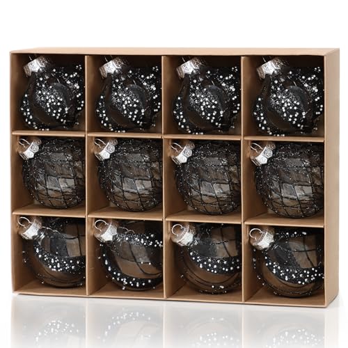 DEMIUKO Weihnachtskugeln Schwarz 12er Set, 8CM Christbaumkugeln Groß...