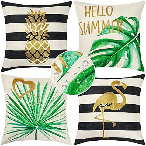 LOMOHOO 4erSet Außen Kissenbezüge wasserdichte dekorative Kissenhülle 45x45cm Outdoor Kissen Sommer zierkissenbezüge Schwarz Streifen Gold Tropische Kissenbezüge Cover