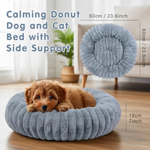 Qoosea Hundebett Katzenbett Flauschig, Dickes Donut Hundekissen mit Nackenstütze, Waschbar Hundedonut mit Rutschfester Unterseite, Hundebetten für Kleine und Mittelgroße Hunde Katzen Grau 60 cm