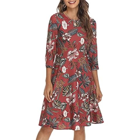 Simple Flavor Women's Floral Vintage Dress Flare A-line Work Midi Dress 3/4 Sleeves, Red, 8 Cover