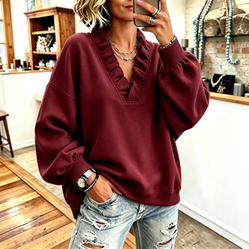 Elneeya Oversized Sweatshirt for Women V Neck Ruffled Retro Fall Sweatshirt - image 2
