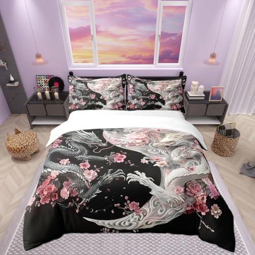 Manfei Queen Size 100% Cotton Chinese Style Dragon Duvet Cover Yin-yang Geometric Retro Bedding Set Pink Flowers Comforter Cover Black White Bedspread Cover Room Decor Bedclothes Zipper,No Comforter