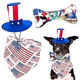 Ousiya 3 PCS 4th of July Dog Bandana, Uncle Sam Pet Top Hat, American Flag Dog Bone Toy for Small Medium Dogs