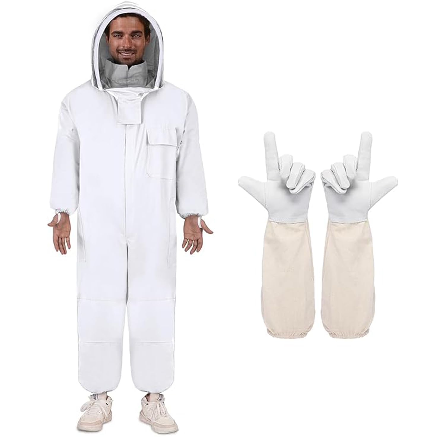 Tenue Apiculteur, Combinaison d'Apiculture pour Tout avec Gants d'Apiculteur, TOOSOAR Blanc Costume Apicole en Coton (L)