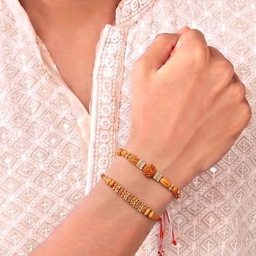 Image of Peora Rakhshabandhan Thread Rakhi for Brother Bhaiya | Kundan Beads & Crystal Studded | Combo Set of 2 | Rakhi Hamper Roli Chawal & Greeting Card