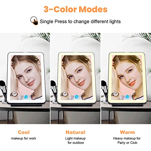 Folding Lighted Travel Makeup Mirror, 1X 3X 7X Magnifying, 3 Colors Light Modes & Brightness Dimmable, Usb Rechargeable 2000Mah Batteries, Portable Travel Mirror, Compact Vanity Mirror (Black) #TOP2