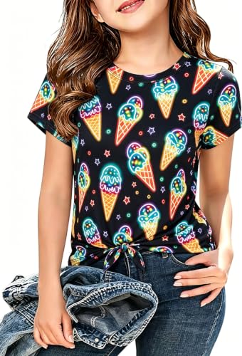 Funnycokid Girls Shirts Kids Short Sleeve Tee Shirt Tie Front Tops 11-12 Years Ice Cream Neon