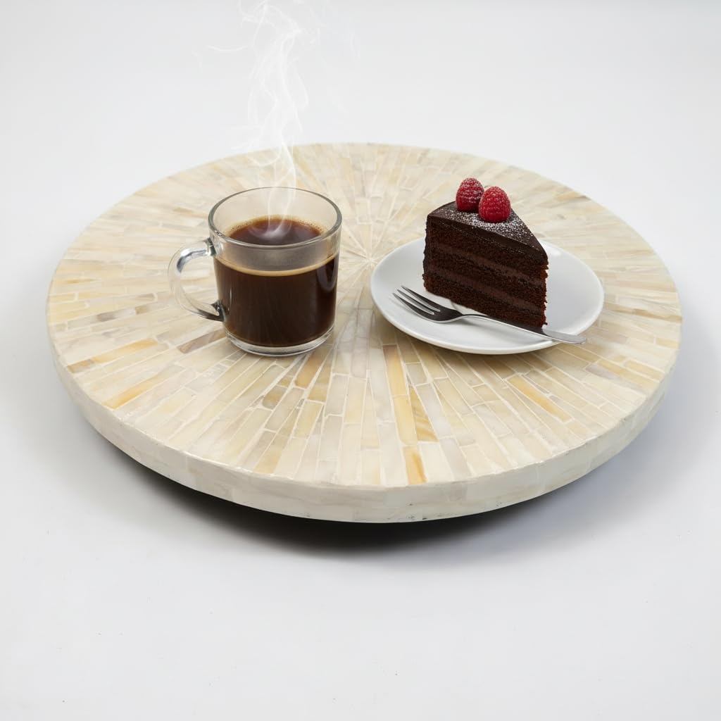 PEMAR 12.6” Handcrafted Mother of Pearl/Capiz Shell Lazy Susan–Rotating Centerpiece for Dining Table, Elegant Beach House & Farmhouse Home Décor, Luxury Housewarming Gift White Cream Sunlight