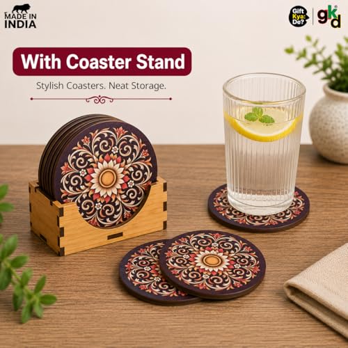 Image of GKD Flower Coasters Wooden Tea & Coffee Coaster Set of 6 with Stand | Heat & Water Resistant Table Coaster for Cups, Mugs & Glasses (Dark Floral)