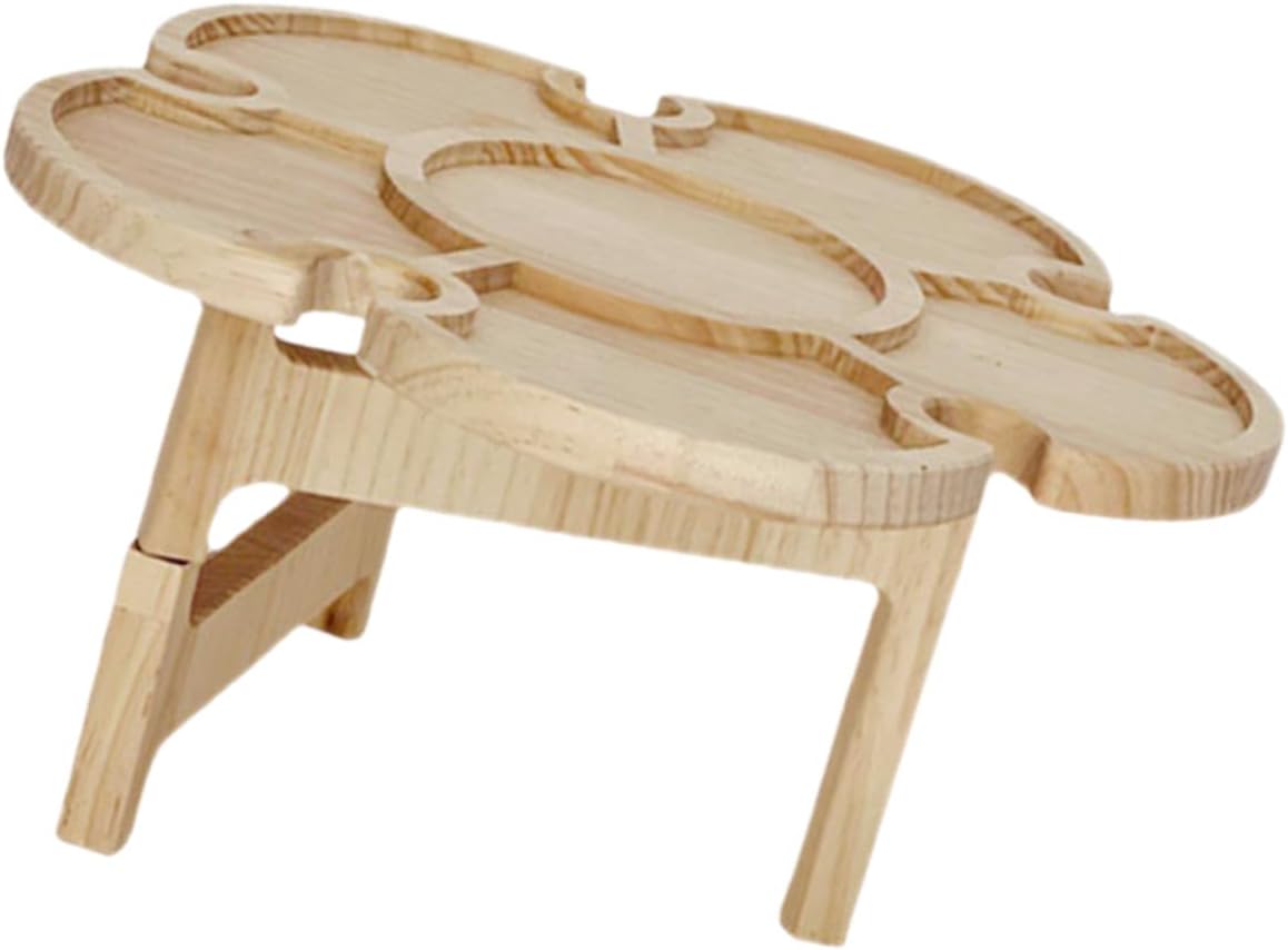 Angoily Portable Wooden Folding Wine Table Outdoor Picnic Beverage Holder 35cm Diameter Floor Table for Beach Camping BBQ and Travel