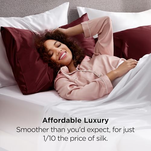 Image of Bedsure Satin Pillowcase for Hair and Skin Standard - Burgundy Silk Pillowcase 2 Pack 20x26 inches - Satin Pillow Cases Set of 2 with Envelope Closure