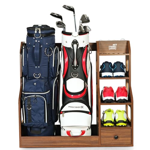 Mythinglogic Wooden Golf Bag Storage Rack for 2 Bags with Drawer | MDF cabinet with shoe shelves and ball holder keeps golf equipments organized in garages, basements, office or simulator room