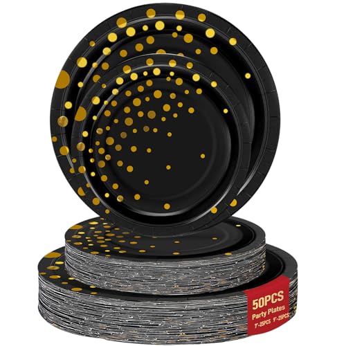 50 Black Gold Paper Plates for Party Set Includes 25-9" & 25-7" Thickened Gold Dot Disposable Plates, Birthday Cake Dessert Plates for Party Supplies&Decoration, Ideal for Birthday,Wedding,Baby Shower