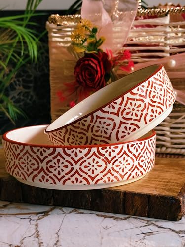 Image of Niyara Stoneware Handmade Ceramic Stylish Premium Bowls Serving Bowls Microwave Dishwasher Safe (Red Salad Set of 2)