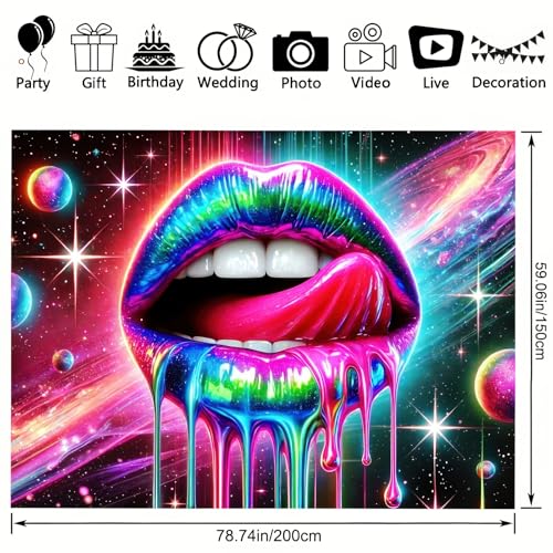 Image of BlissYard Blacklight Tapestry Neon Glow Posters 78x59 Inches Cosmic Rainbow Lips Wall Hanging, Fluorescent Art Decoration for Bedroom, Living Room, Parties